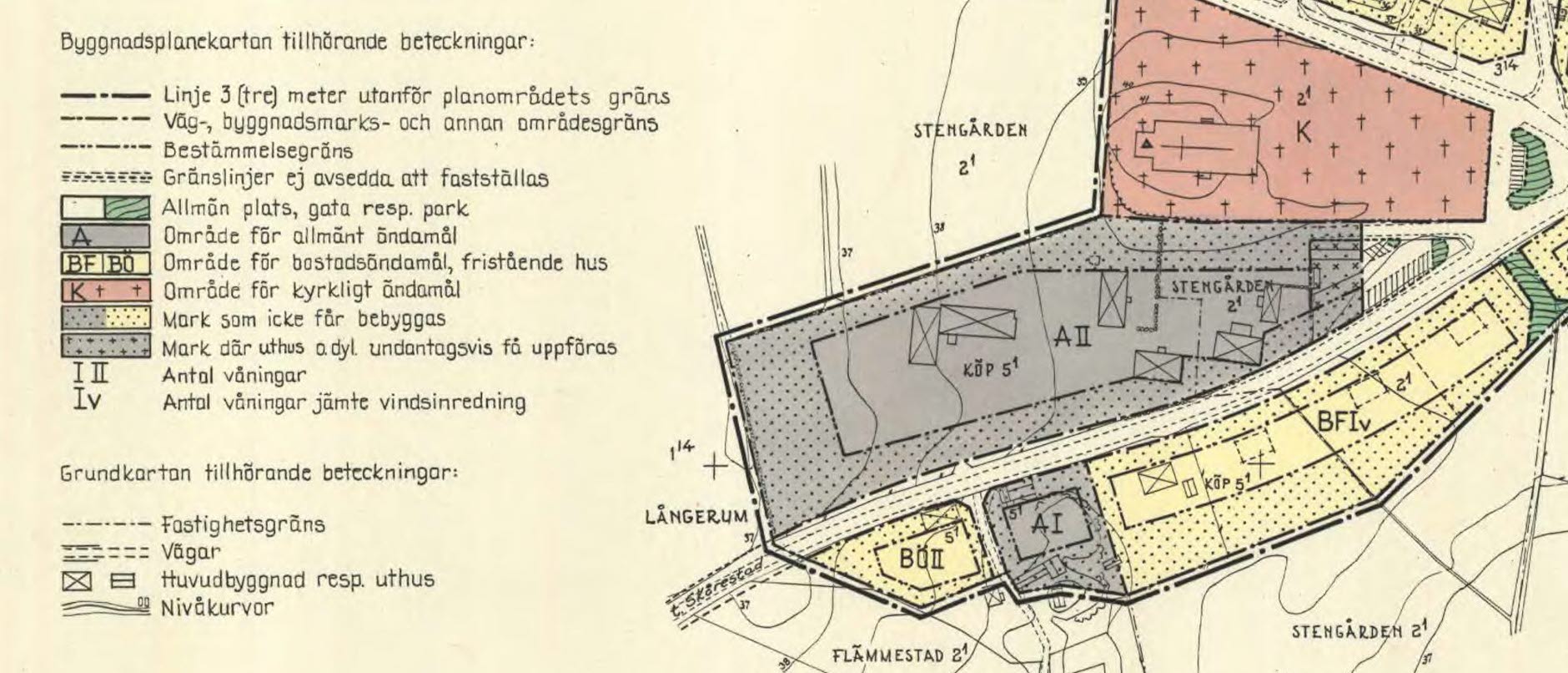 En äldre detaljplan över Mogata skola och kyrka